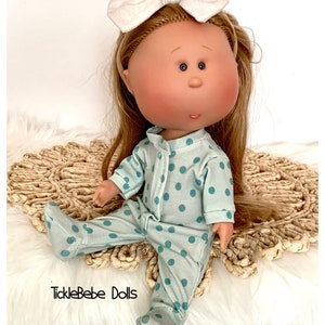 Doll Clothes - 12” Mia - Pajamas Only  - Dark Turquoise Dots - Light Turquoise Premium Jersey Knit - TickleBebe Dolls