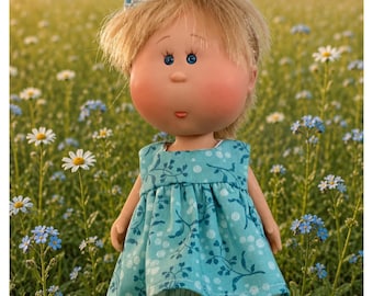 Doll Clothes - 9” Mini Mia - Fancy Dress Only - White and Teal Floral Print - Fully Lined - Blue Cotton Fabric - TickleBebe Dolls
