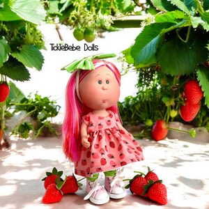 Doll Clothes - 9” Mini Mia - Fancy Dress Only - Small Strawberry Print - Fully Lined - Pink 100% Premium Lawn Cotton - TickleBebe Dolls