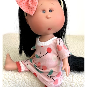 Doll Clothes - 12” Mia - Short Sleeved Dress Only - Cherries on Pale Pink Premium Jersey Knit