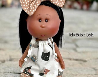 Doll Clothes - 9” Mini Mia - Tie Top Only - Cats in Mocha and Black - Soft White  Premium Jersey Knit - TickleBebe Dolls
