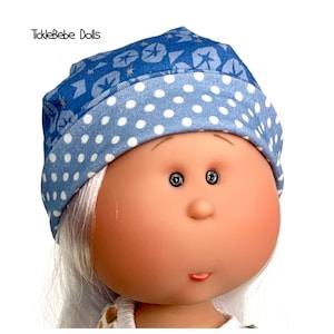Doll Clothes - 12” Mia - Beanie Hat Cap - Reversible - Light Blue - White Dots - Blueberry Print - TickleBebe Dolls