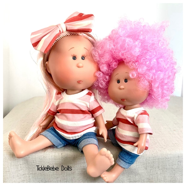 Doll Clothes - 12” Mia / Mio or 9” Mini Mia - Short Sleeved Top Only - Cherry and Pink Stripes - Soft White Premium Jersey Knit
