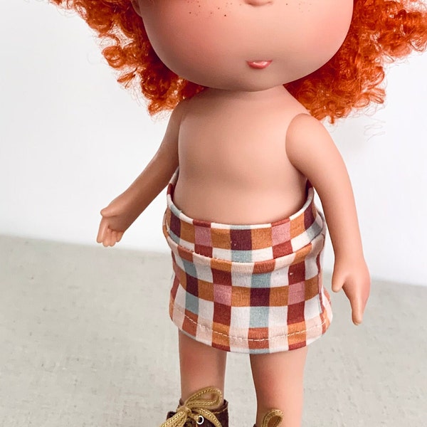 Doll Clothes - 12” Mia - Short Skirt Only  -  Green, Rust, Gold, Mauve Checks - Soft Premium Jersey Knit