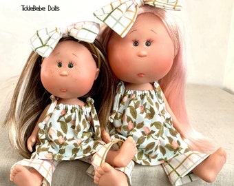 Doll Clothes - 12” Mia or 9” Mini Mia  - Long Tie-Top  - Spring - Pink Rosebud Print - Light Seafoam Green Premium Jersey Knit