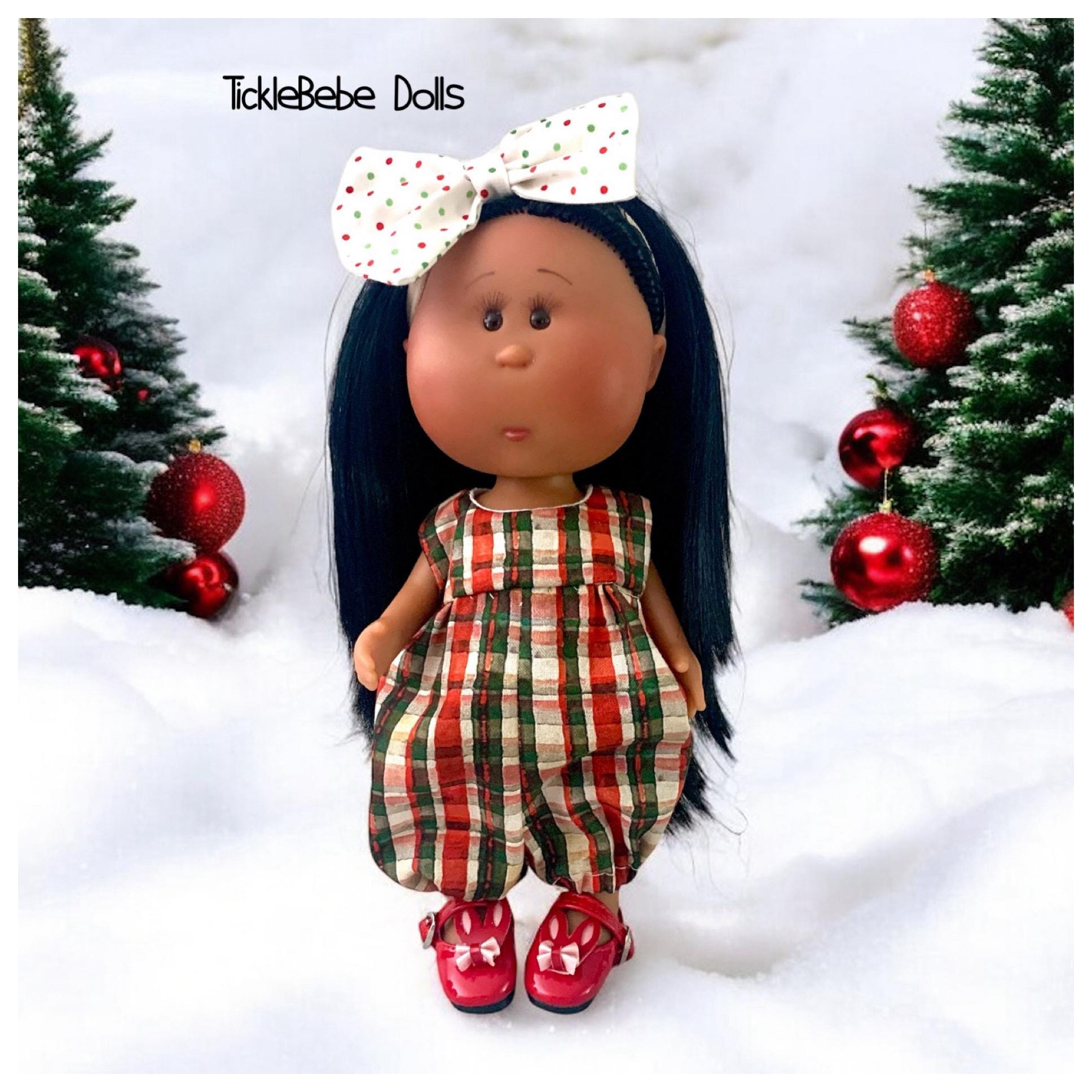 Doll Clothes - 9" Mini Mia - Long Romper Only - Christmas - Red Plaid - Premium Woven Cotton.