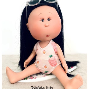 Doll Clothes - 12” Mia - Swimsuit Only -  Soft Pink and White Strawberries - Pale Pink Premium Jersey Knit - TickleBebe Dolls
