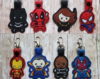 Superhero Chibi key fob, zipper pull, luggage tag, key chain, backpack charm, purse charm, FE Gift, Stocking Stuffer