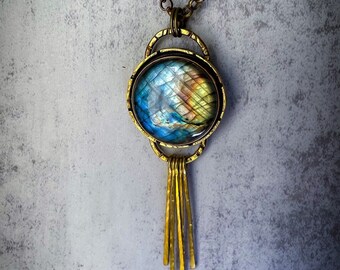 Faux Gold Labradorite pendant with heavy chain, brass labradorite necklace, fantasy costume jewelry, witchy necklace, magical amulet