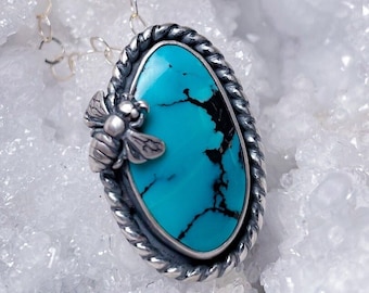 Bee turquoise pendant with hidden bail, 925 sterling silver necklace