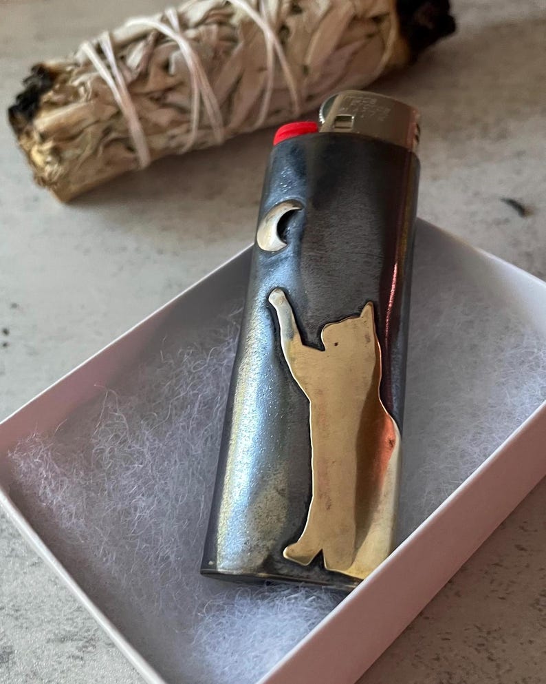Cat lighter case with Sterling silver crescent moon lighter collectible handmade Metal lighter lighter Vintage style image 1