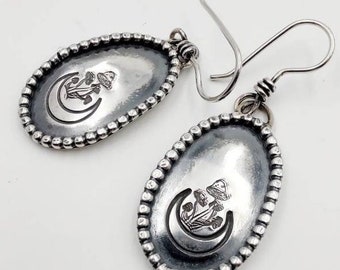 Silver mushroom  earrings with  Crescent Moon, .925 Sterling Silver earring, mushroom dangle earrings, mushroom earrings