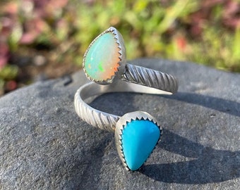 Opal and turquoise 925 sterling silver ring, boho chic, adjustable opal ring, boho opal ring, adjustable silver ring,Size 8-11