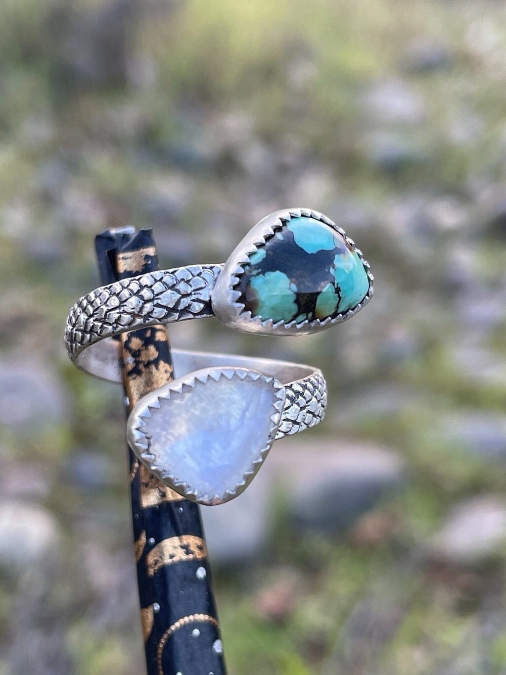 Moonstone and turquoise ring, snakeskin band ring, 925 sterling silver ring. boho ring, sterling snake ring,Size 8-10, adjustable ring