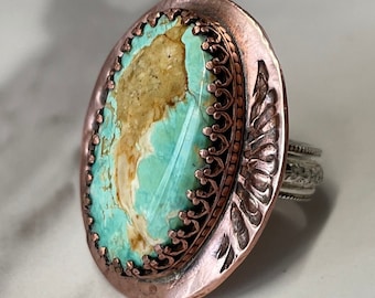 Bague turquoise Evans, anneau en cuivre et argent, bague estampée à la main, bague en métaux mélangés, bague en cuivre, bague en argent sterling, taille 8,25