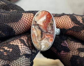 Red lace agate ring 925 sterling silver ring handmade statement ring snake ring band textured ring vintage ring retro artisan ring Size 6.75