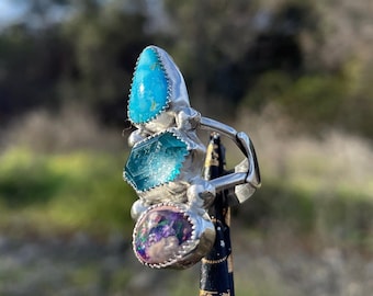 Purple Mexican fire opal  Kingman turquoise quartz apatite doublet 925 silver ring crescent moon statement ring chunky silver jewelry  opal