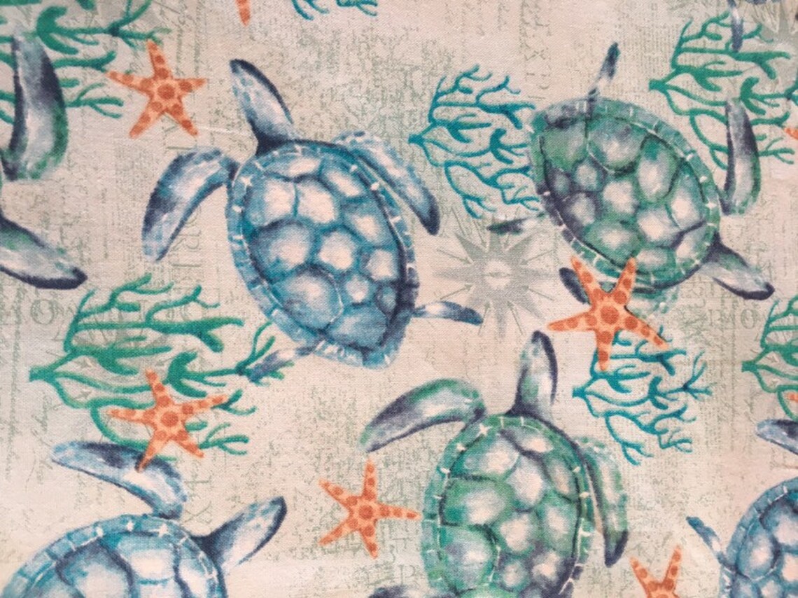 Hawaiian tropical fabric turtles and starfish under the sea in Etsy