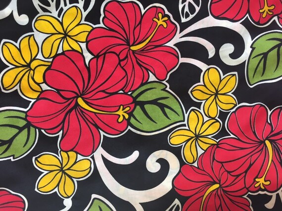 Tissu Imprimé Hawaïen Fond Noir Avec Des Fleurs Tropicales De Couleur Prinary Fat Quarter De Coton 18 X 22