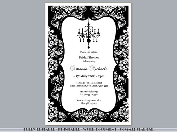 Fully Editable Printable Black Damask Chandelier Bridal Etsy