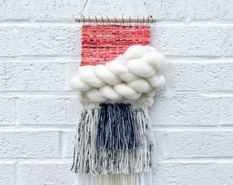 Woven Wall Hanging | red + pink + orange + black + cream | cloud style | tapestry, wall décor, wall art, weaving, woven wall art