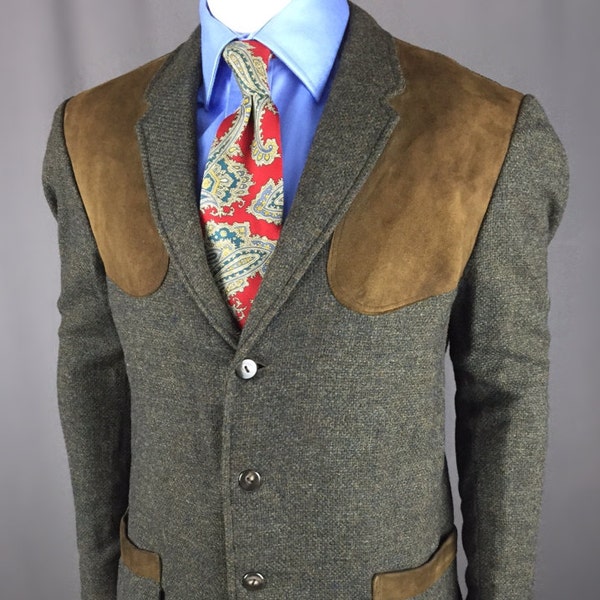 Vintage Hopsack Tweed Half Norfolk Jacket Hopsack Patch Pockets Suede Leather Shoulders Action Pleats Half Belt Size 42