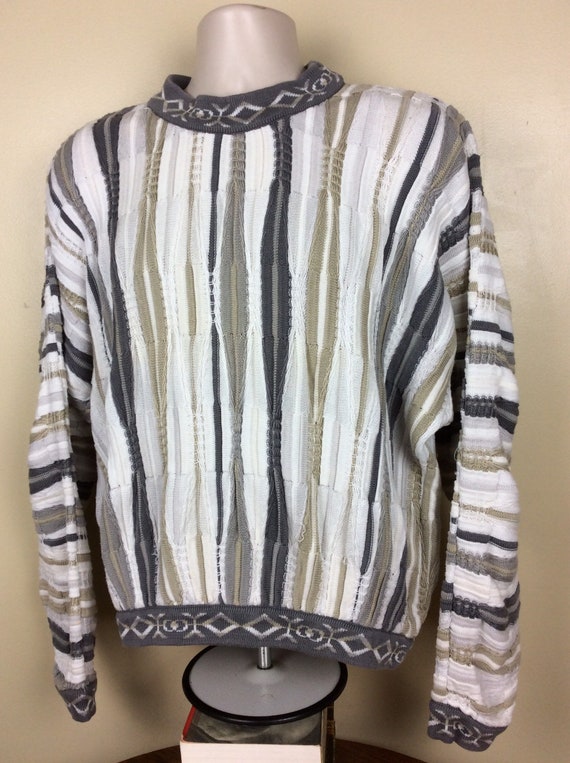 Vtg 90s Coogi 3D Knit Sweater Gray White L Made I… - image 4