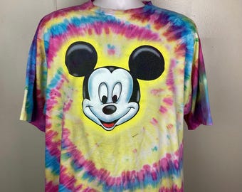 Vintage 90s Mickey Mouse Tie Dye T-Shirt Disney Animation Rainbow Swirl Size XL/XXL