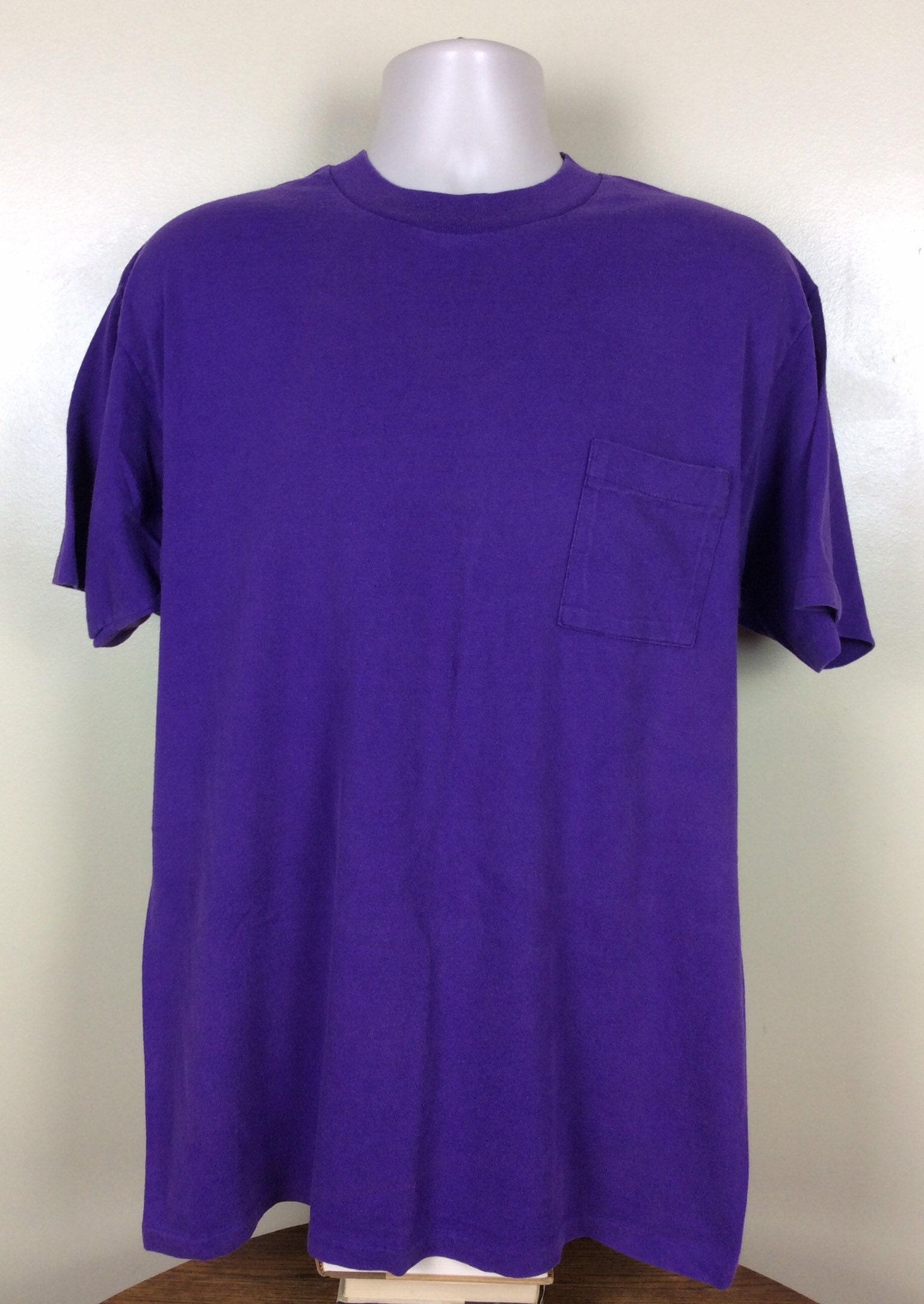 Vtg 90s Tultex Plain Purple Pocket T-shirt L/XL Blank Single