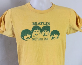 VTG 1975 The Beatles Sweet Apple Trax T-Shirt Gelb XS / S 70er Jahre John Lennon Paul McCartney Classic Rock Band
