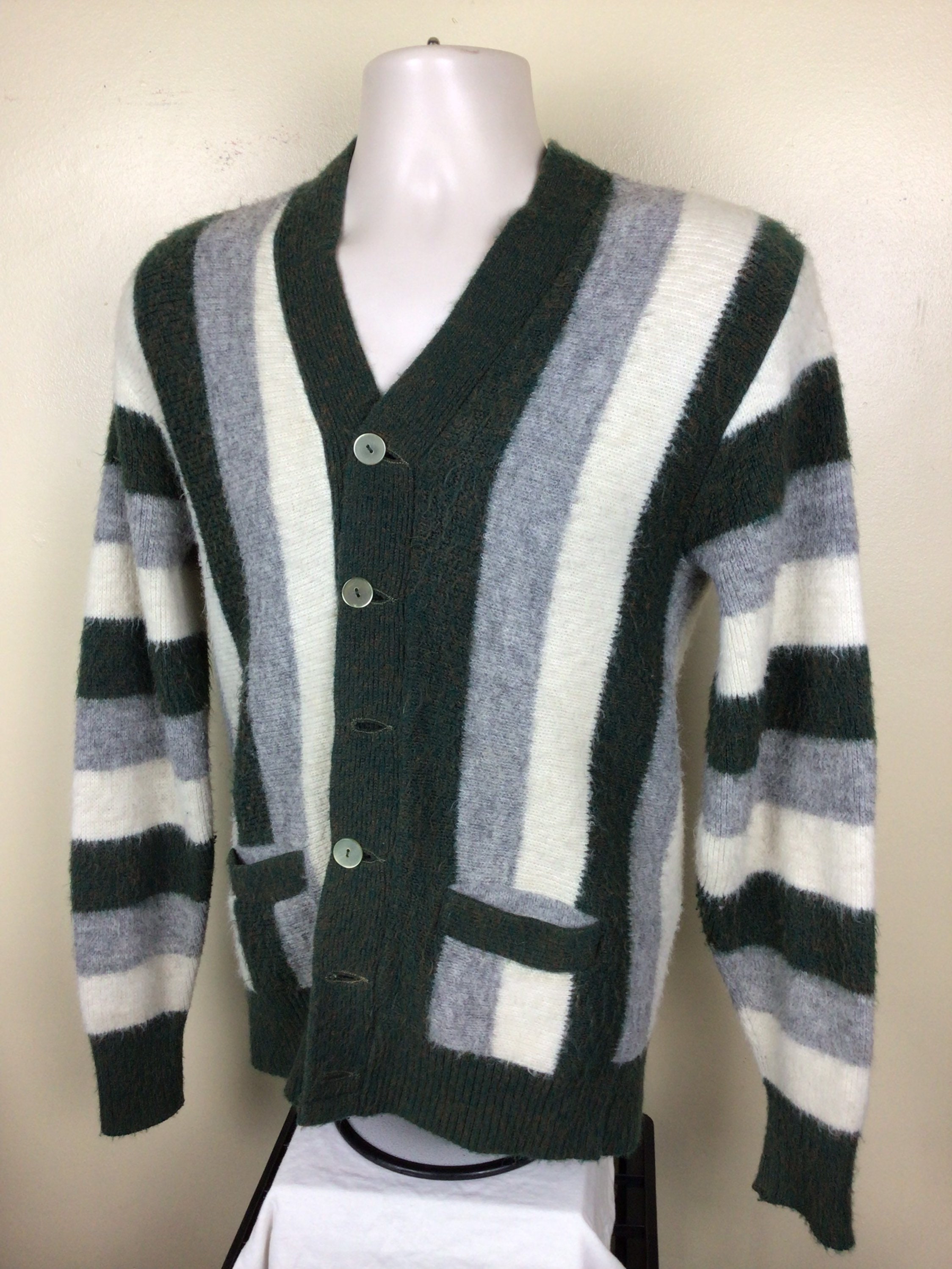 Vtg 60s Campus Orlon Striped Cardigan Sweater Green White S
