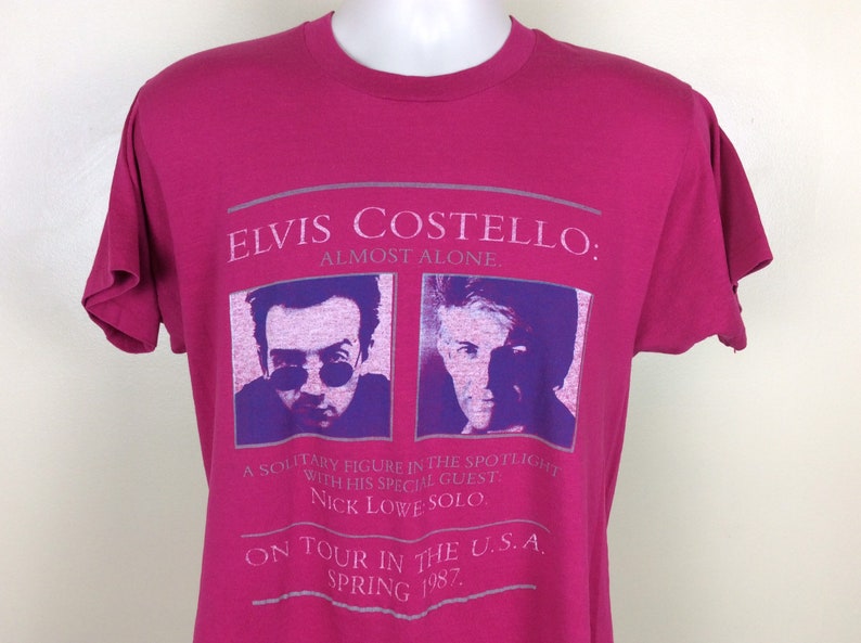 Vtg 1987 Elvis Costello Nick Lowe Concert T-Shirt Pink ML 80s Tour