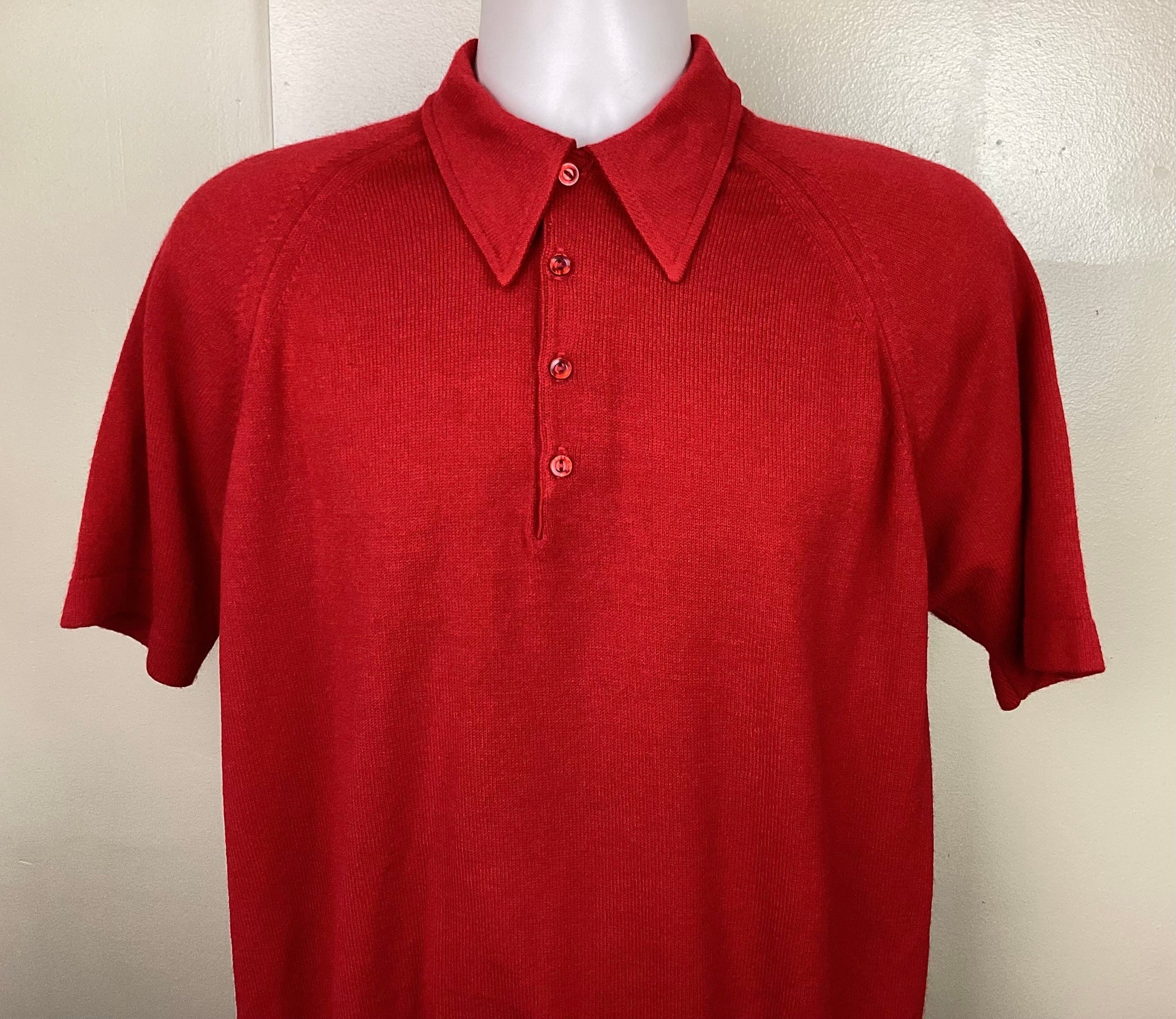 Vtg 60s 70s Jantzen Raglan Polo Shirt Solid Red L Golf Waistband Banded Waist Made In USA