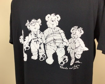 Vtg 80s Bear Family Heads and Tails T-shirt Black XL Funny Novelty
