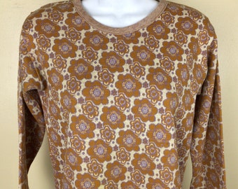 Vtg 60s Parkton Flower Print Thermal Shirt Orange Brown S Made In USA Cotton Floral