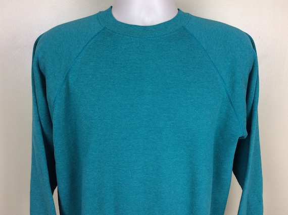 Vtg 80s Hanes Plain Teal Green Raglan Sweatshirt … - image 1