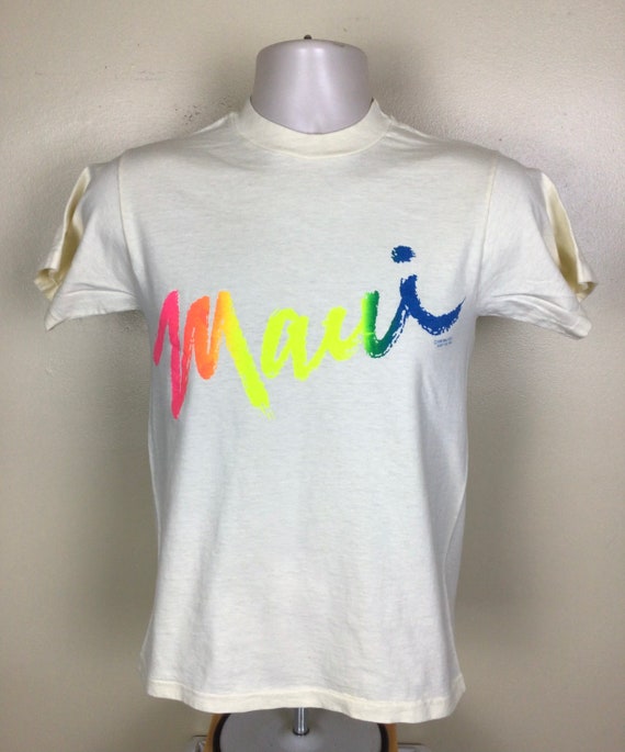 Vtg 1988 Maui Hawaii T-Shirt Ivory S 80s Rainbow … - image 2