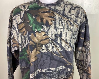 Vtg 90s Trebark Camo Crewneck Sweatshirt Brown Green M Hunting Camouflage Made In USA Jerzees Big Woods Real Tree