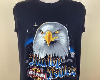 Vintage Harley Davidson T-shirt mouwloos Muscle 80s Eagle SSI enkele steek zwart maat M/L