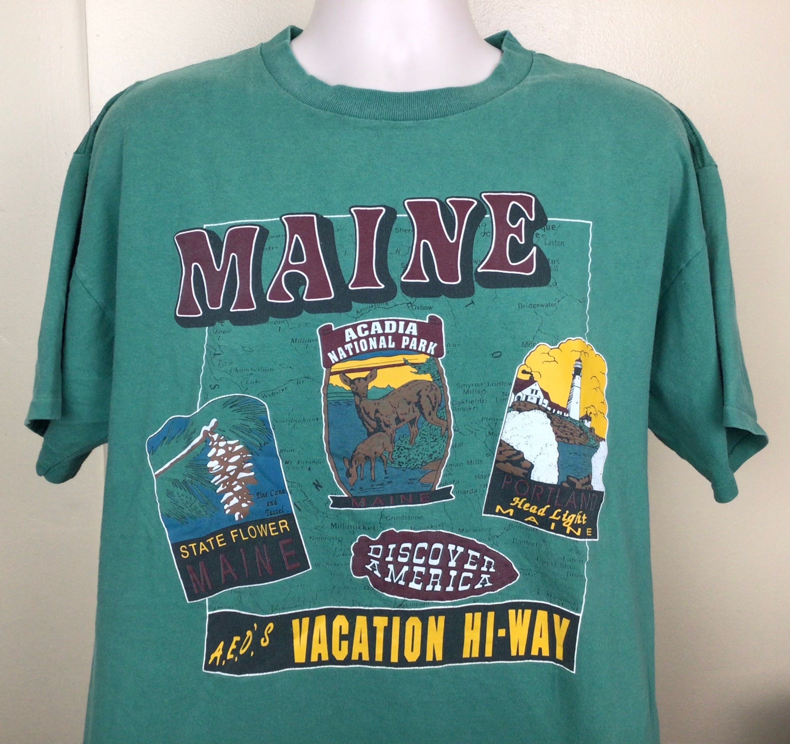 Vtg 90s Maine Postcard T-Shirt Green XL Made In USA American Eagle Single Stitch Sleeves