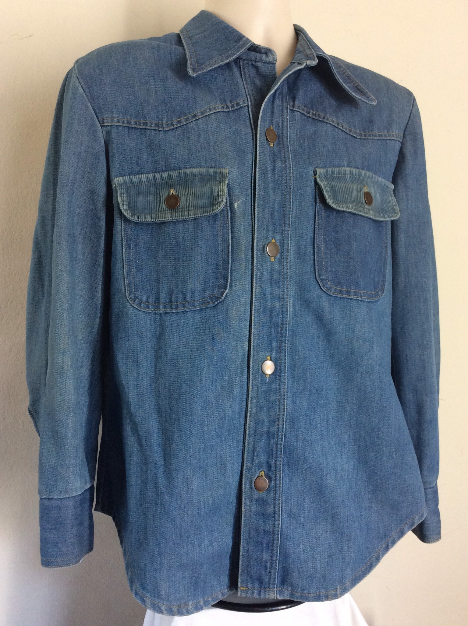 Vtg 70s Sears Denim Corduroy Long Sleeve Shirt Blue Jean M | Etsy