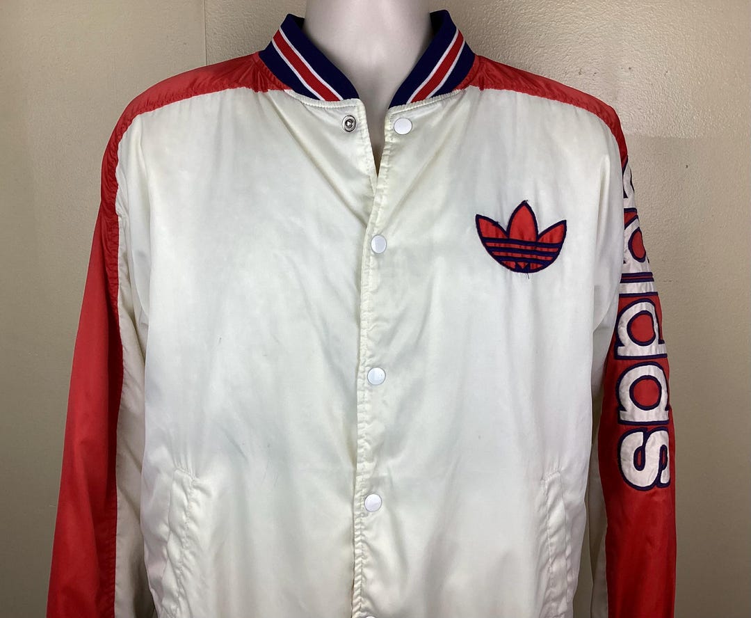 Vtg 80s Adidas Trefoil Logo Jacket White Red M Satin Bomber Run
