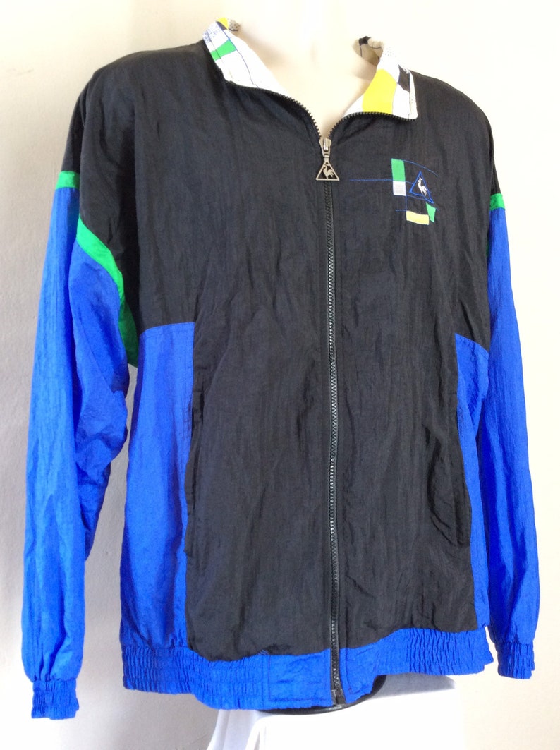 Vtg 80s Early 90s Le Coq Sportif Windbreaker Jacket Black Blue L French Sneaker Brand image 5