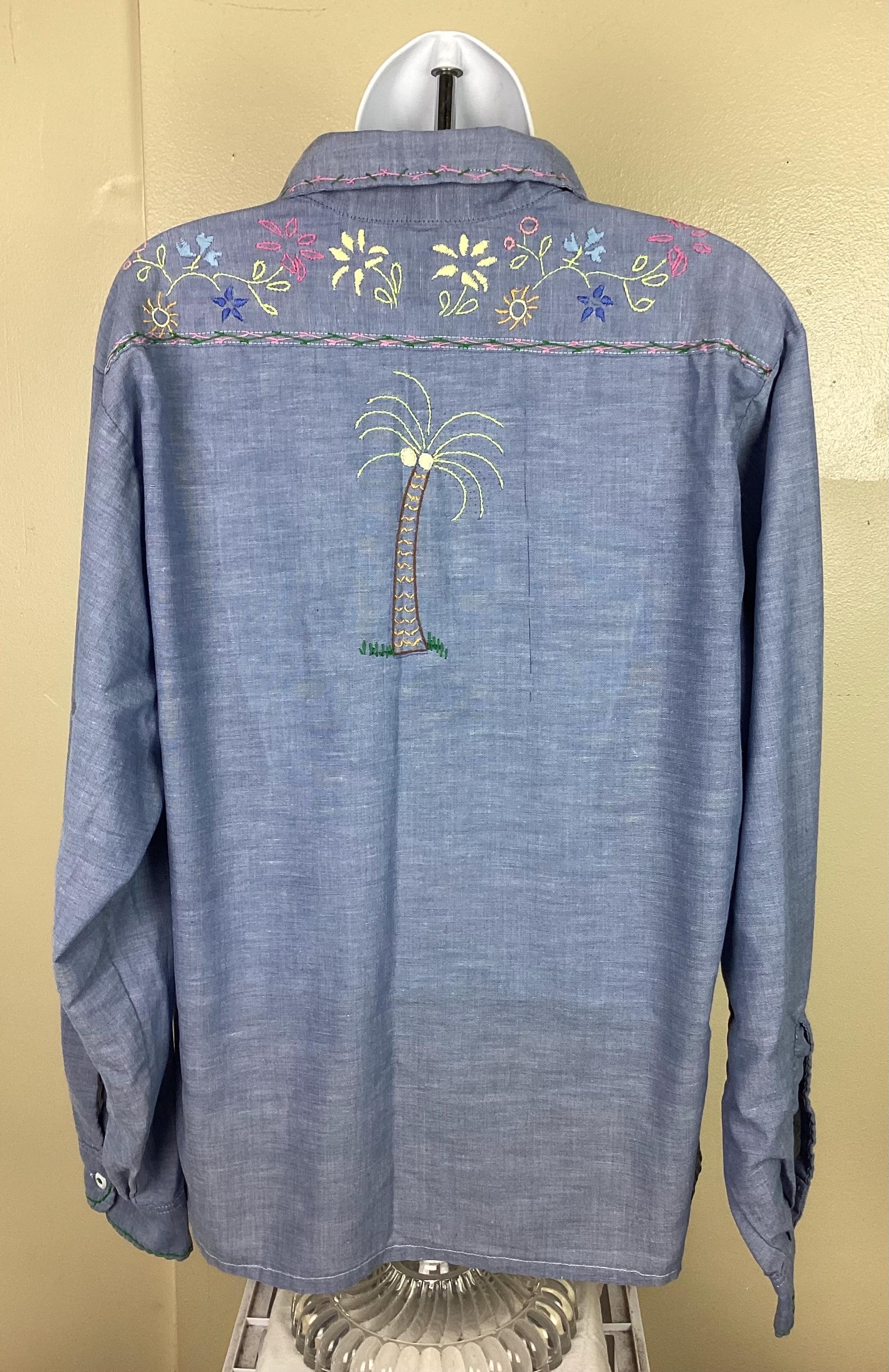 Vtg 70s JC Penney Big Mac Embroidered Chambray Shirt Blue L