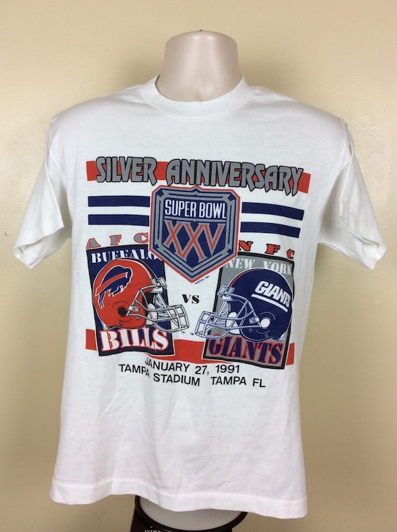 MagicFlyVintage Vtg 1991 Super Bowl XXV Buffalo Bills New York Giants T-Shirt White M 50/50 90s NFL Trench