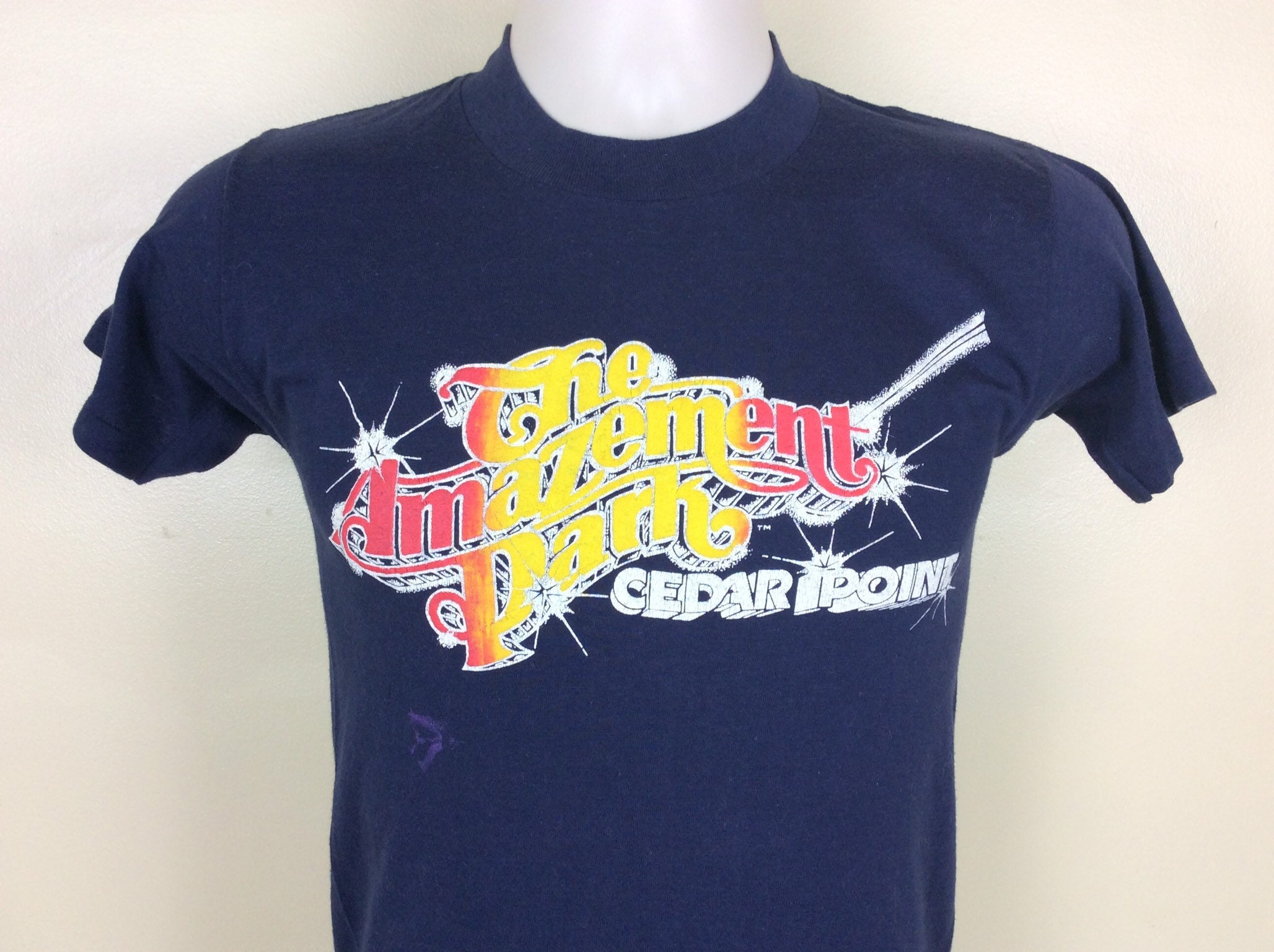 Vtg 70s Cedar Point T-shirt Navy Blue XS/S Tropix Togs Amazement