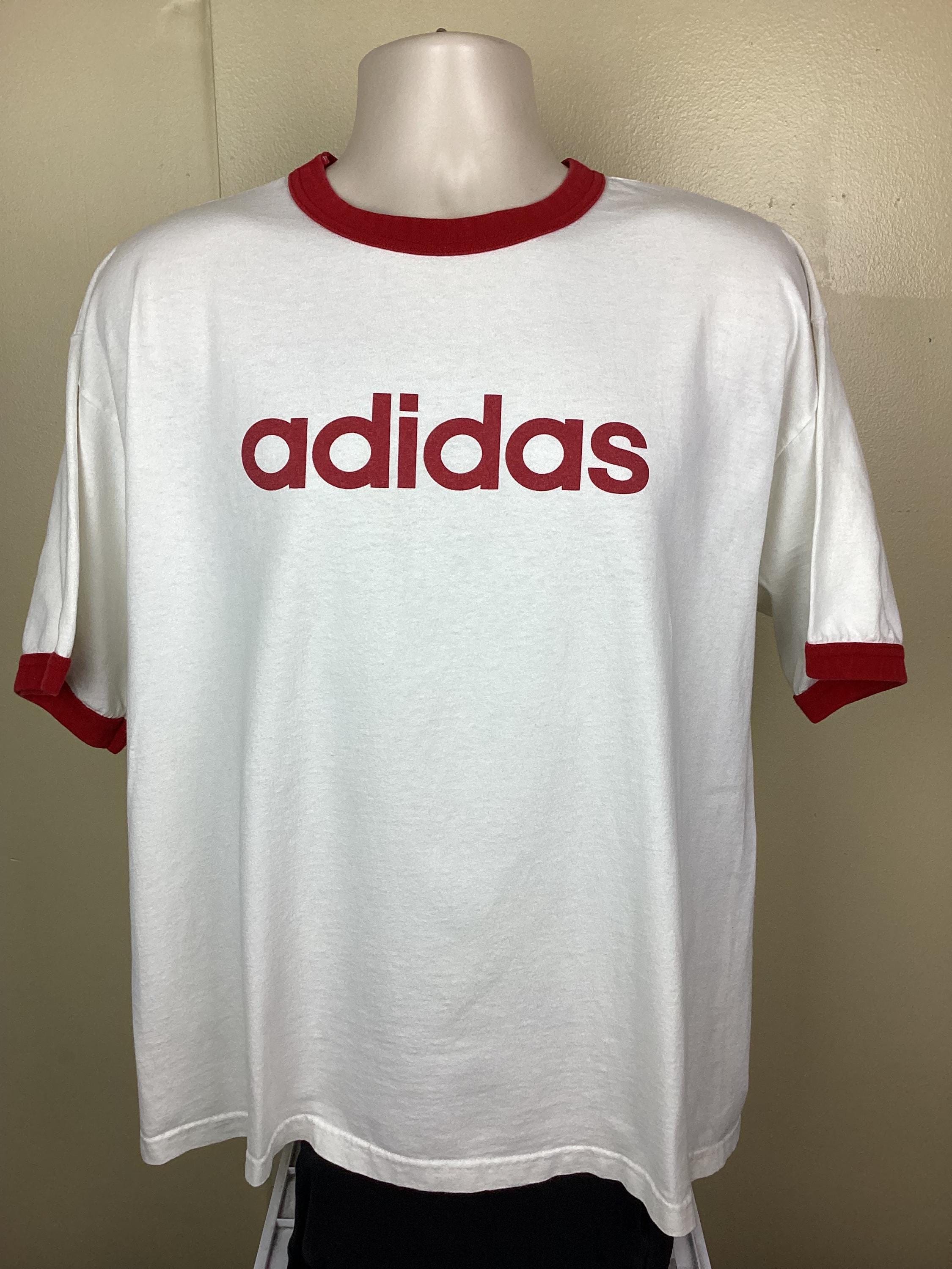 Vtg 90s Adidas Ringer T-shirt White Red L Spell Out Spellout