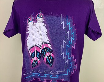 Vtg 90s Native American Feathers T-shirt Purple M Fairfield
