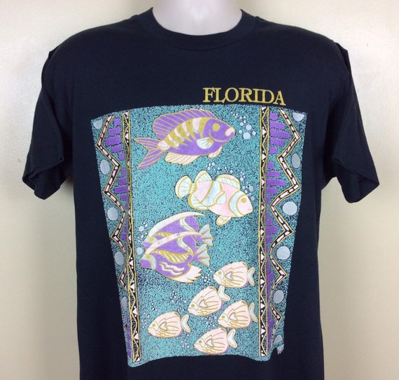 Vtg 80s Screen Stars Florida Tropical Fish T-shirt Black L/XL