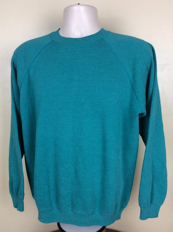 Vtg 80s Hanes Plain Teal Green Raglan Sweatshirt … - image 4